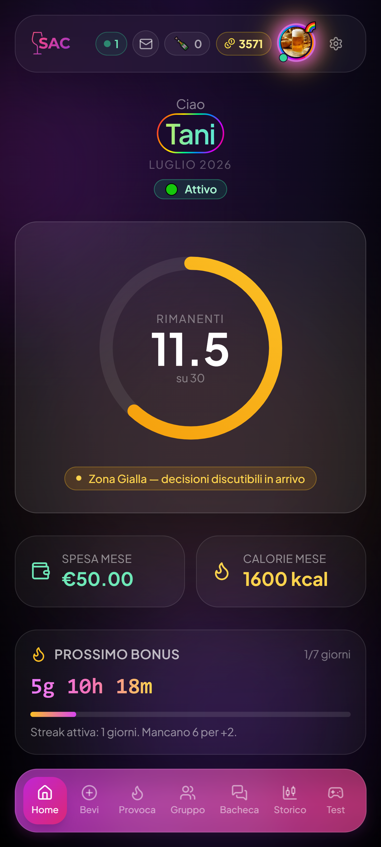 Dashboard dell'app S.A.C. sul telefono